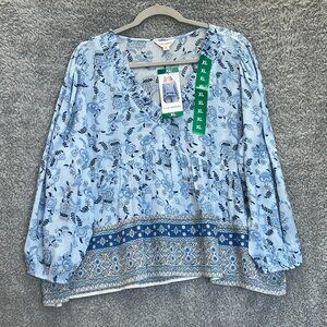 Lucky‎ Brand Women's Boho Coastal Artsy Sheer Blue Floral Gauze Blouse Top XL